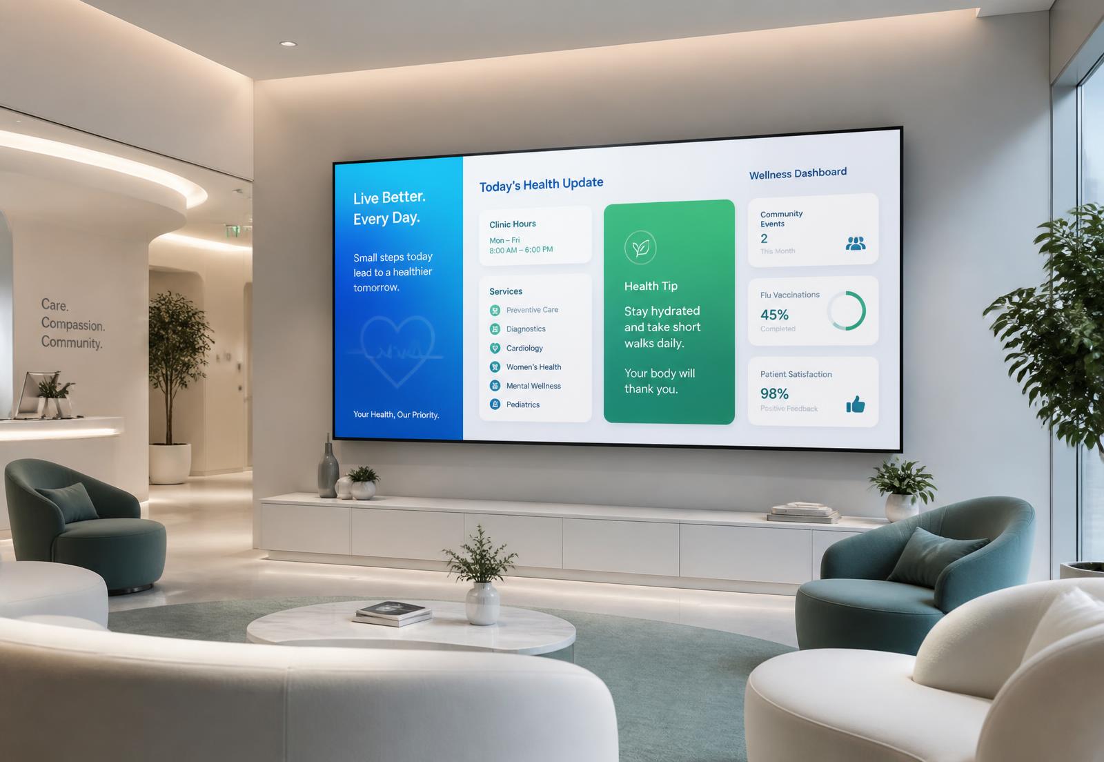 A modern medical waiting room with a large wall-mounted Medisplay digital display showing health information