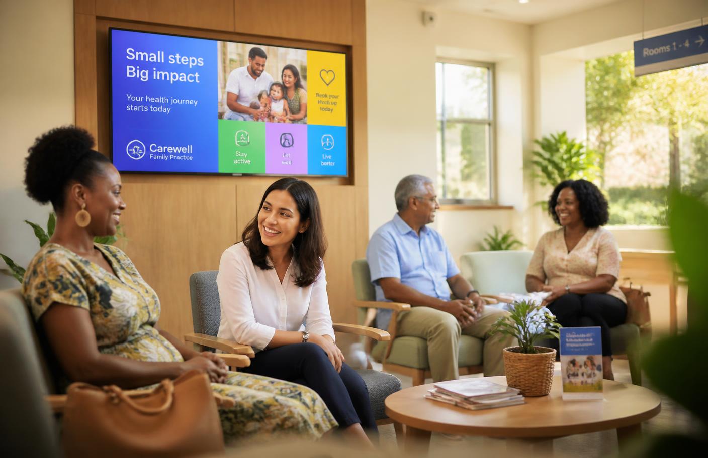 Patients seated in a warm, sunlit GP waiting room while a wall-mounted Medisplay screen plays health content