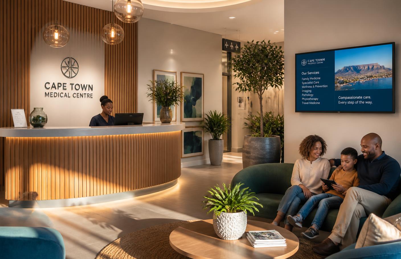 A family relaxing in a warm Cape Town medical centre reception with a digital screen on the wall