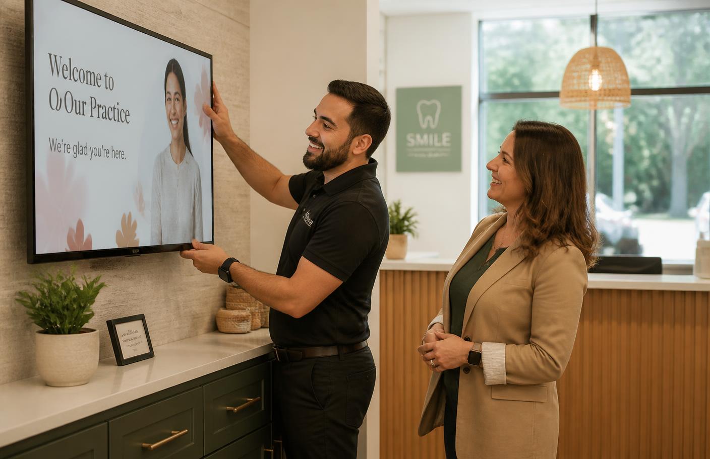 A technician installing a digital screen in a dental reception while the practice manager looks on